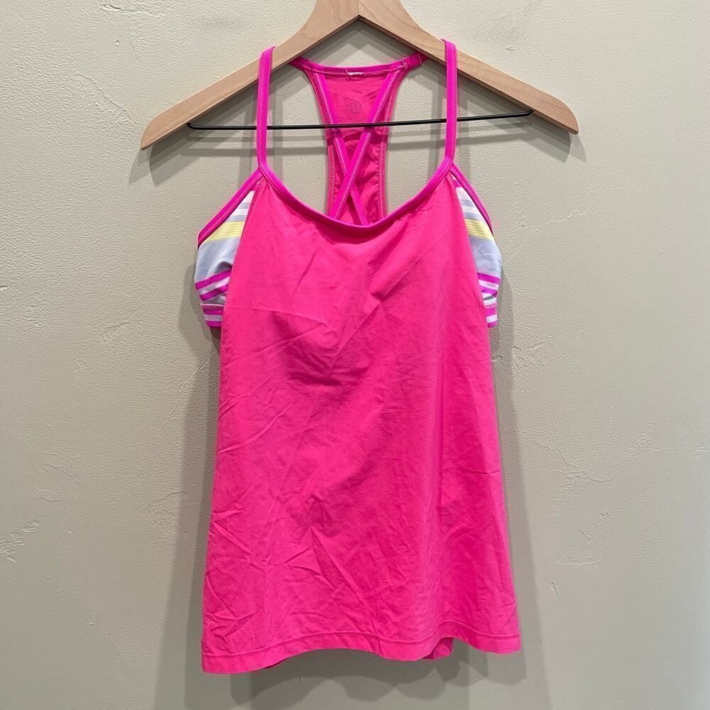 Lululemon Amped Tank Top Raspberry Glo Light Groovy Multi Stripe Cross